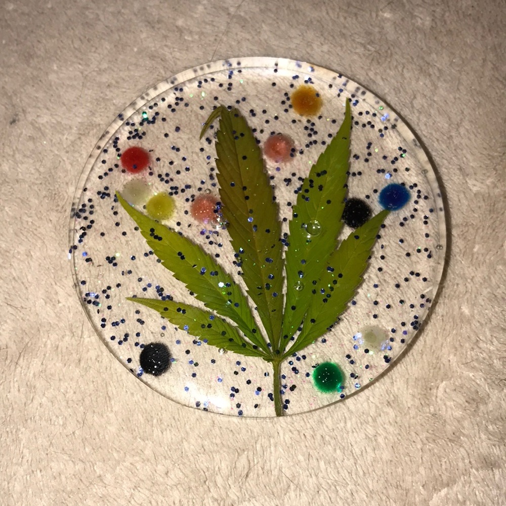 Custom epoxy coaster with poms glitter and my favorite leaf New